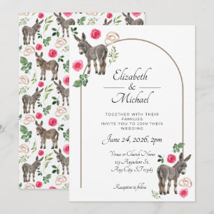 Faire-part de mariage âne rustique floral rose