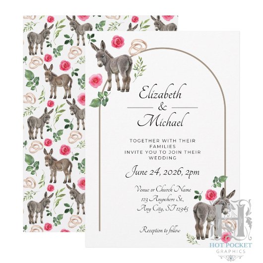 Faire-part de mariage âne rustique floral rose
