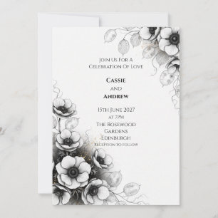 Faire-part de mariage Anémone Poppy noir et blanc