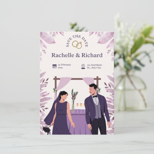 Faire-part de mariage animé beige et violet (Debout devant)