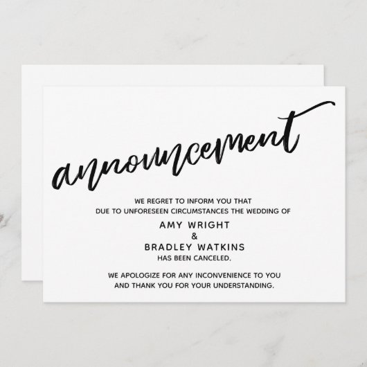 Faire-part de mariage annulé en écriture manuscrit (Devant / Derrière)