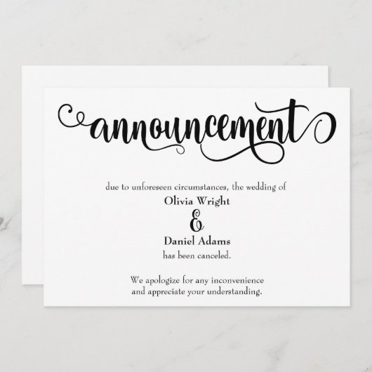 Faire-part de mariage annulé en écriture tourbillo (Devant / Derrière)