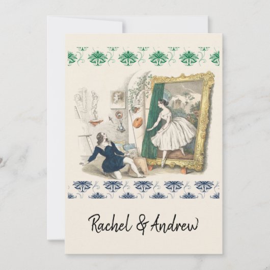 Faire-part de mariage antique romantique bleu vert (Devant)