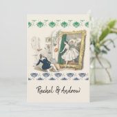 Faire-part de mariage antique romantique bleu vert (Debout devant)