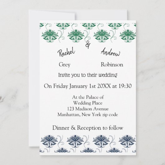 Faire-part de mariage antique romantique bleu vert (Dos)