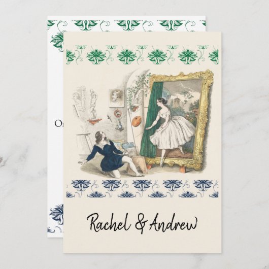 Faire-part de mariage antique romantique bleu vert (Devant / Derrière)