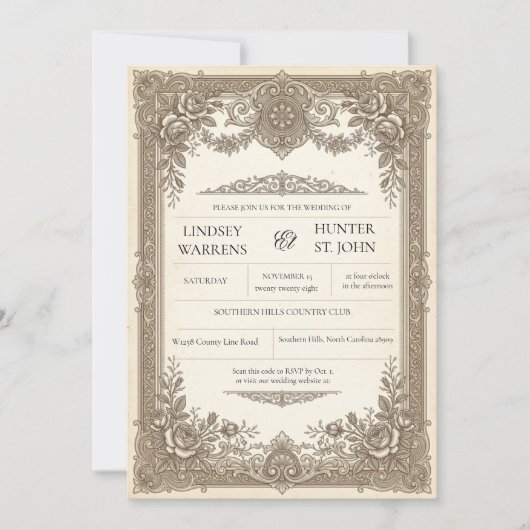Faire-part de mariage antique vintage (Devant)