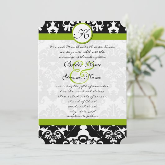 Faire-part de mariage Apple Green Damask Swils (Debout devant)