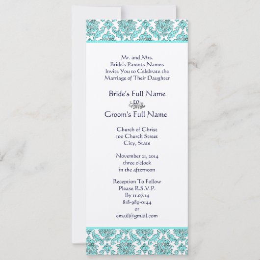 Faire-part de mariage Aqua Blue Damask (Devant)