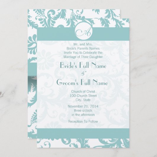 Faire-part de mariage Aqua Blue Damask (Devant / Derrière)