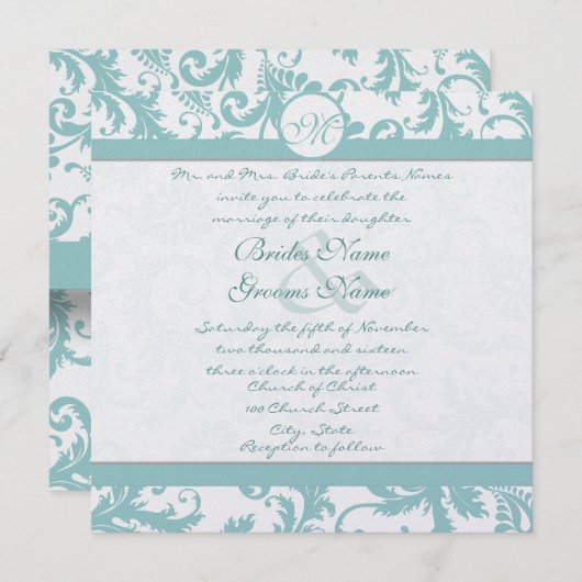 Faire-part de mariage Aqua Blue Damask (Devant / Derrière)