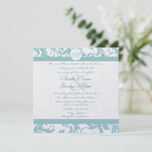 Faire-part de mariage Aqua Blue Damask (Debout devant)