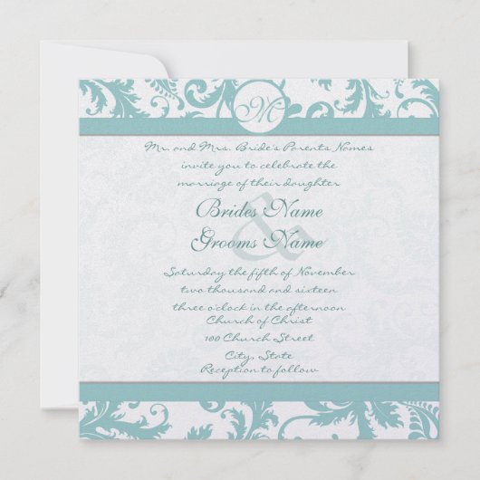 Faire-part de mariage Aqua Blue Damask (Devant)