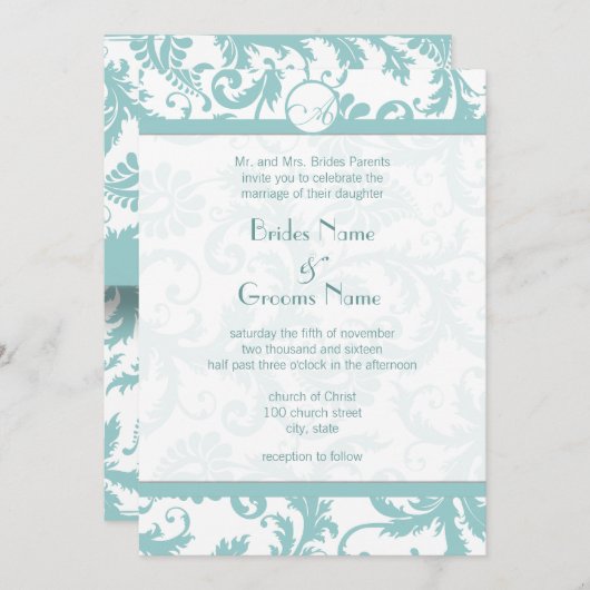 Faire-part de mariage Aqua Blue Damask (Devant / Derrière)
