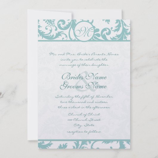 Faire-part de mariage Aqua Blue Damask (Dos)