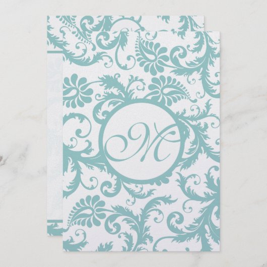 Faire-part de mariage Aqua Blue Damask (Devant / Derrière)