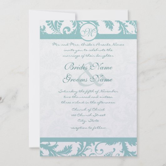 Faire-part de mariage Aqua Blue Damask (Dos)