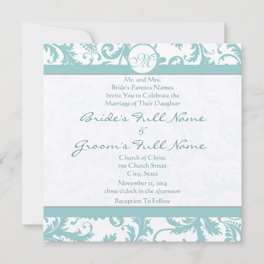 Faire-part de mariage Aqua Blue Damask (Devant)