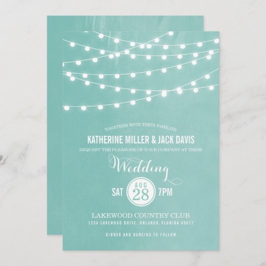 Faire-part de mariage Aqua String Lights (Devant / Derrière)