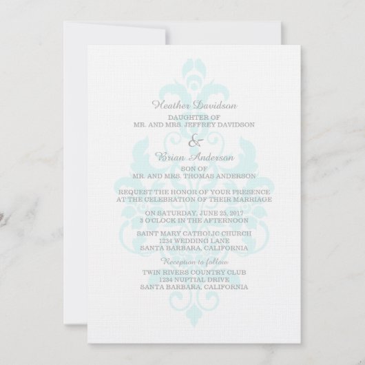 Faire-part de mariage Aqua Subtle Damask (Devant)