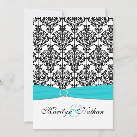 Faire-part de mariage Aqua, White et Black Damask  (Devant)