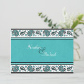 Faire-part de mariage Aqua, White et Black Paisley (Debout devant)