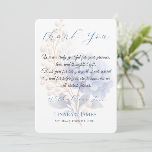 Faire-part de mariage aquarelle bleue Hydrangea Pe (Debout devant)