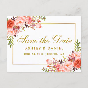 Faire-part de mariage aquarelle corail floral or