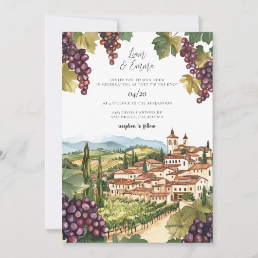Faire-part de mariage aquarelle de vignoble (Devant)