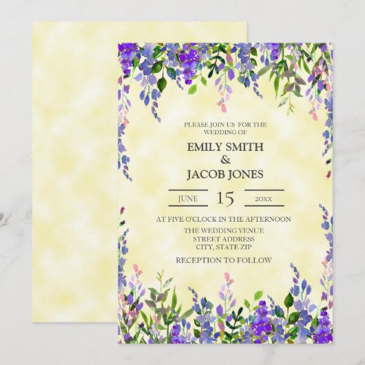 Faire-part de mariage aquarelle violet sur fond ja (Devant / Derrière)
