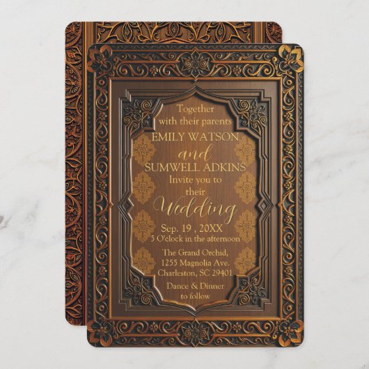 Faire-part de mariage Arabesque en bois de luxe (Devant / Derrière)