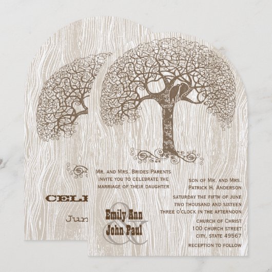Faire-Part de Mariage Arbre Brun Amour Oiseau Bois (Devant / Derrière)