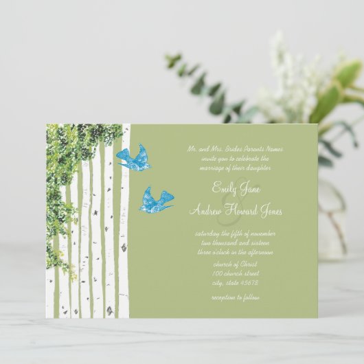 Faire-part de mariage arbre de bouleau oiseaux d'a (Debout devant)