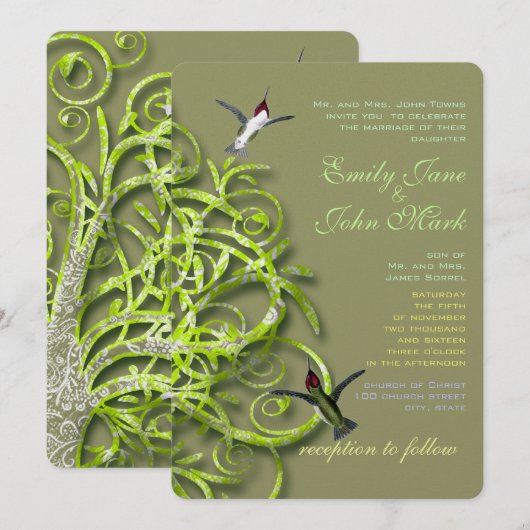 Faire-part de mariage Arbre Lime Doré Colibris (Devant / Derrière)