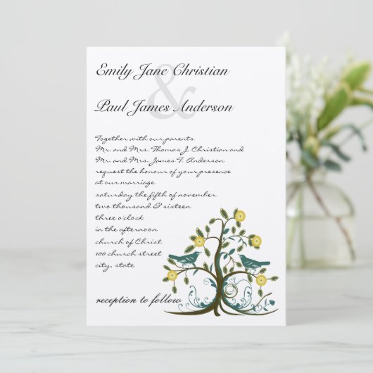 Faire-part de mariage arbre oiseau sarcelle & jaun (Debout devant)
