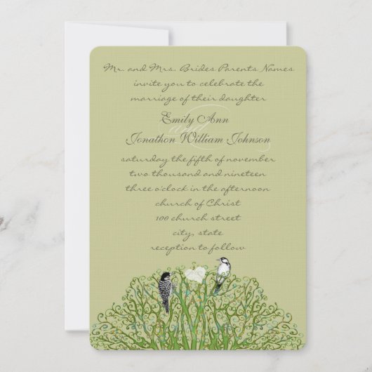 Faire-part de mariage Arbre Tourbillon Vert Oiseau (Devant)
