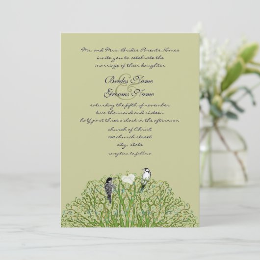 Faire-part de mariage Arbre Tourbillon Vert Oiseau (Debout devant)