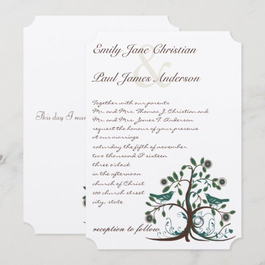 Faire-part de mariage Arbre Turquoise et Marron Oi (Devant / Derrière)