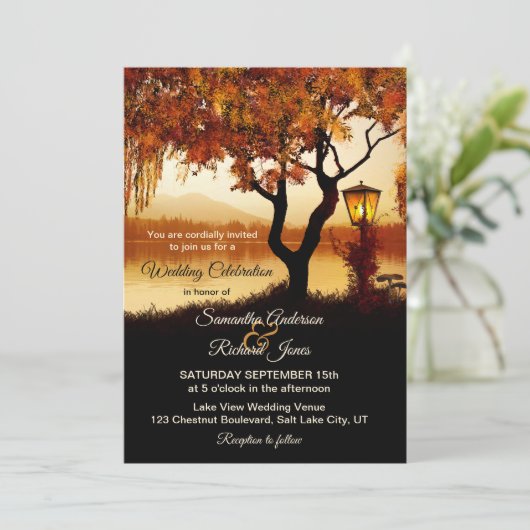 Faire-part de mariage arbre Vue lac d'automne (Debout devant)
