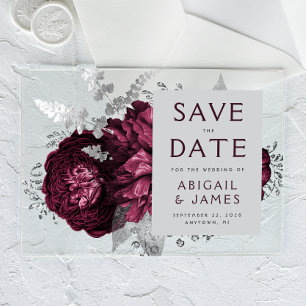 Faire-part de mariage argent et bordeaux floral