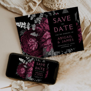Faire-part de mariage argent et floral bordeaux fo