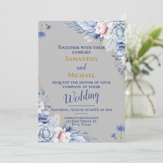 Faire-part de mariage : argent, fleurs, rsvp, QR (Debout devant)