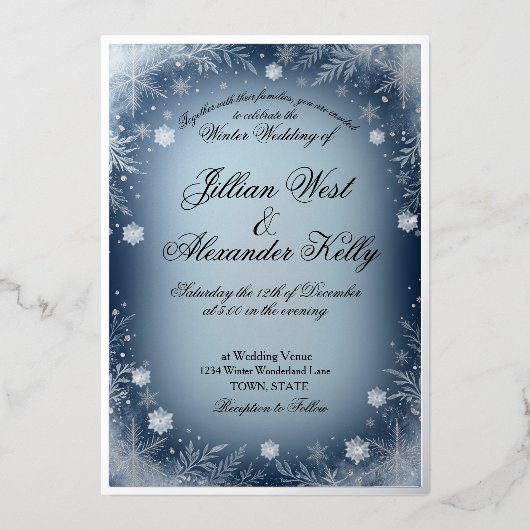 Faire-part de mariage argent flocon de neige bleu  (Recto)