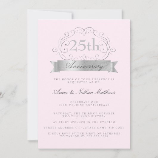 Faire-part de mariage Argent & Rose pour les 25 an (Devant)