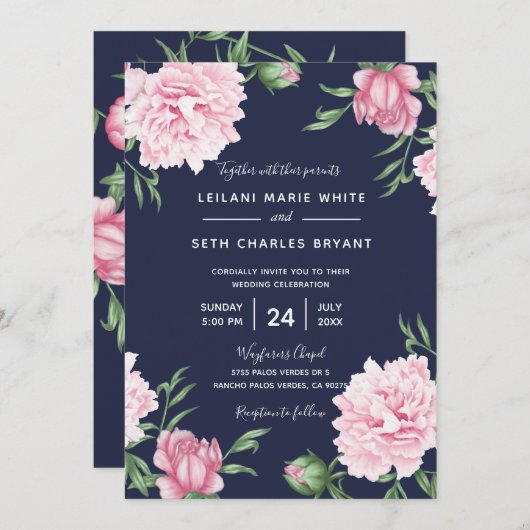 Faire-part de mariage Arrière - plan rose Floral N (Devant / Derrière)
