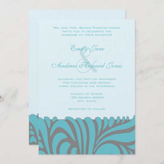 Faire-part de mariage Art Déco Aqua (Devant / Derrière)