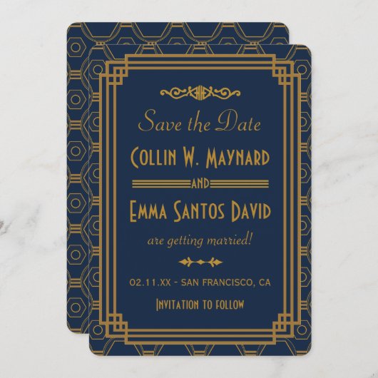 Faire-Part de Mariage Art Déco Bleu (Devant / Derrière)