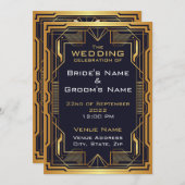 Faire-part de mariage Art déco bleu et or (Devant / Derrière)