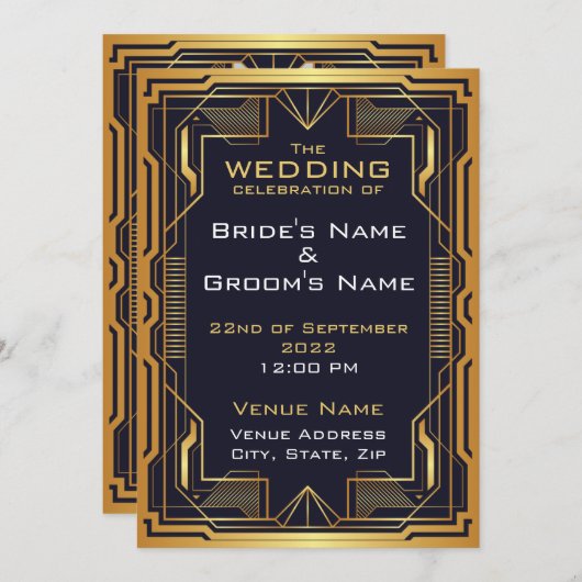Faire-part de mariage Art déco bleu et or (Devant / Derrière)