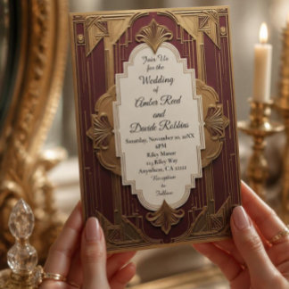 Faire-part de mariage Art Déco bordeaux et or vint